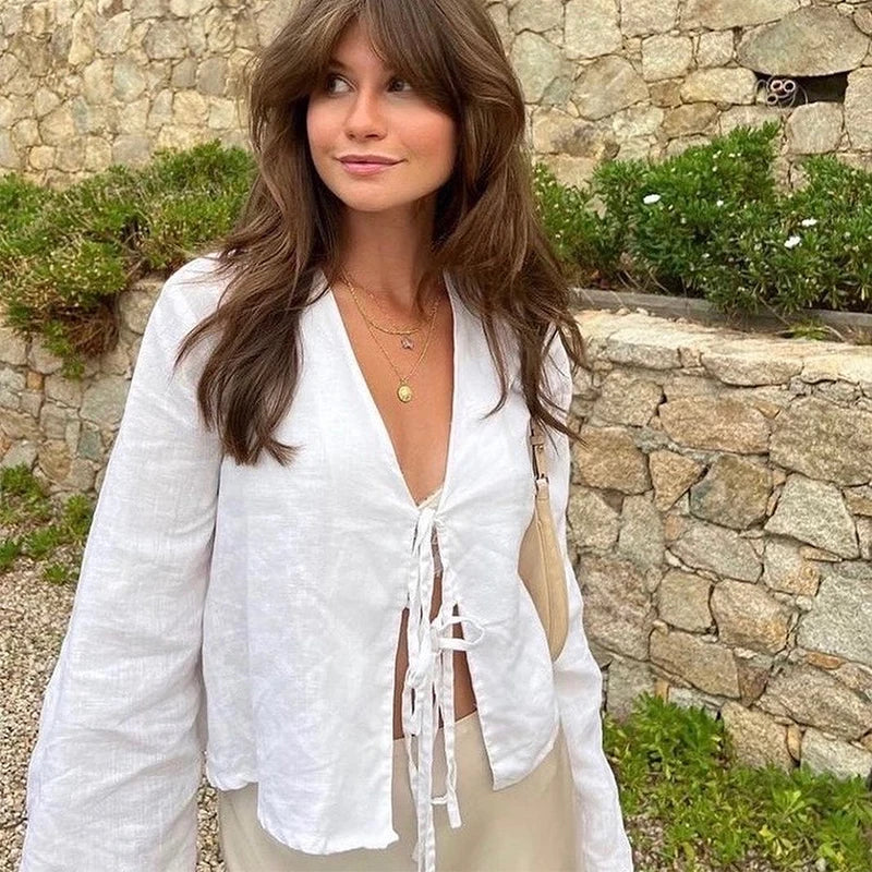 Fashion V-neck Lace-up White Shirt Women Blouses Casual Long-sleeved Loose Tops 2024 Spring Female Chic Office Ladies Outwear