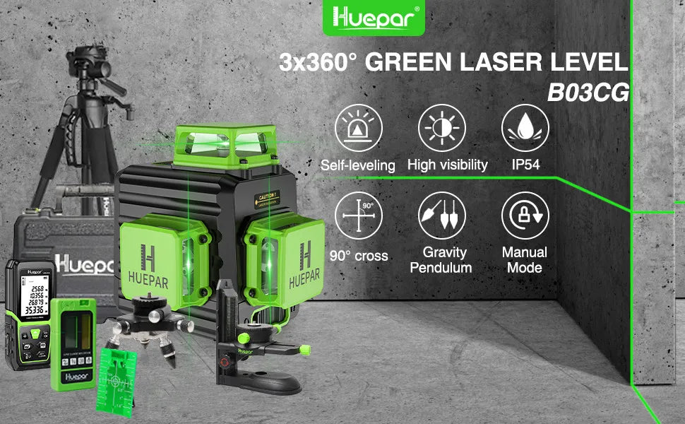 Huepar 12 Lines 3D Green Laser Level Horizontal And Vertical Cross Lines Auto Self-Leveling With Hard Case, Indoors and Outdoors