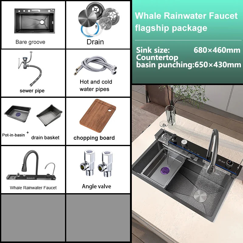 Waterfall Kitchen Sink Stainless Steel Extra Large Single Slot Cup Washer Embossed Digital Display Multifunctional Sinks