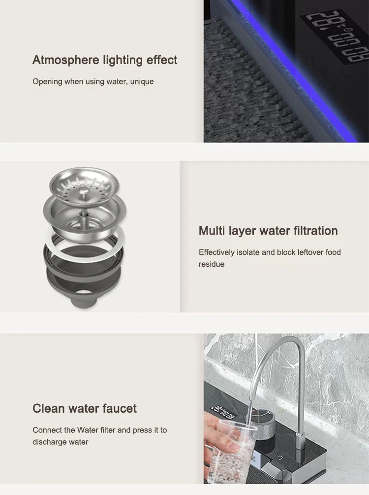 Waterfall Kitchen Sink Stainless Steel Extra Large Single Slot Cup Washer Embossed Digital Display Multifunctional Sinks
