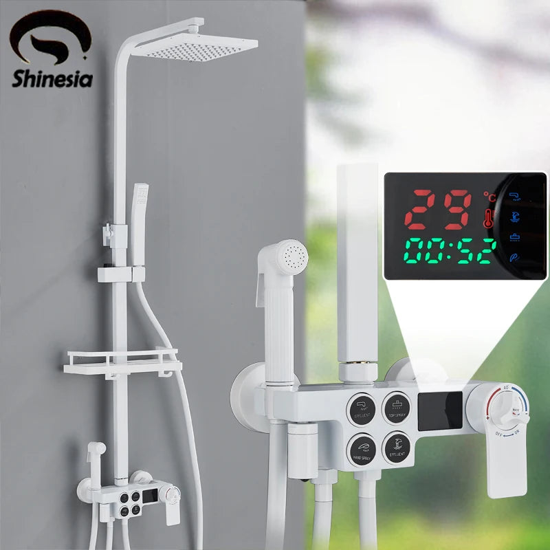 Shinesia Thermostatic Shower System Set Digital Display Rainfall Shower Faucet Mixer Bathroom Bathtub Tap With Shelf White/Black