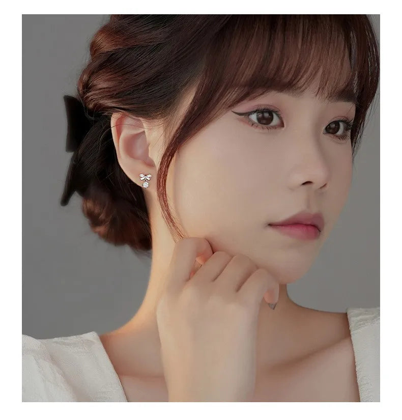 Real 925 Sterling Silver Fashion Romantic Delicate Zircon Bow Stud Earrings For Women Wedding Fine Jewelry