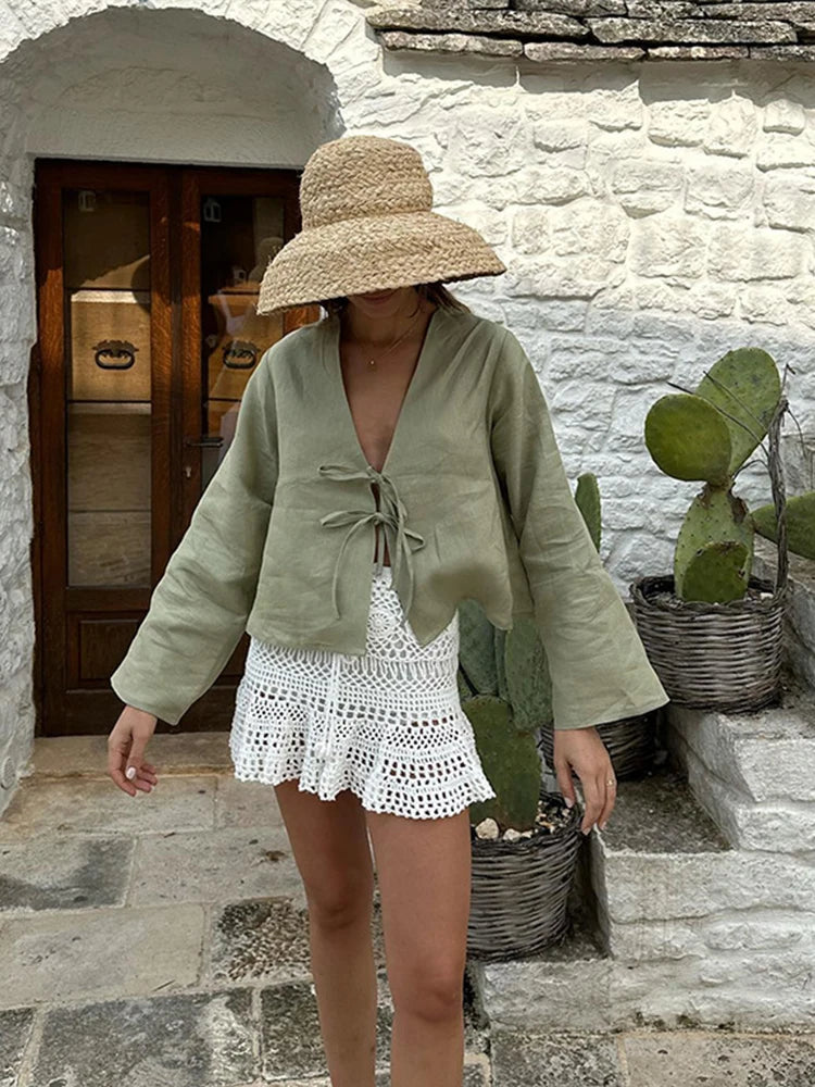 Fashion V-neck Lace-up White Shirt Women Blouses Casual Long-sleeved Loose Tops 2024 Spring Female Chic Office Ladies Outwear