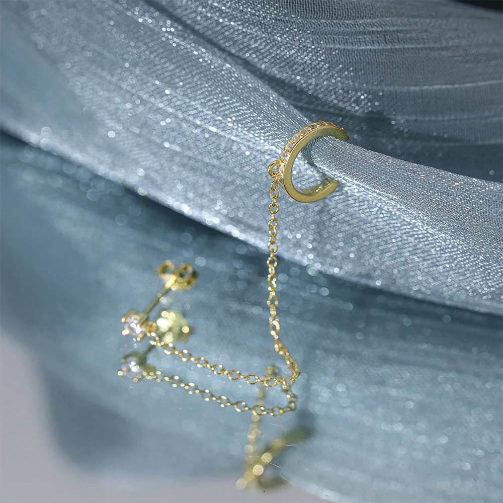 Aide 1pc 925 Sterling Silver Shimmering Clear CZ Zircon Ear Cuff With Chain Tassel Stud For Women Gift Cartilage Clip Earrings