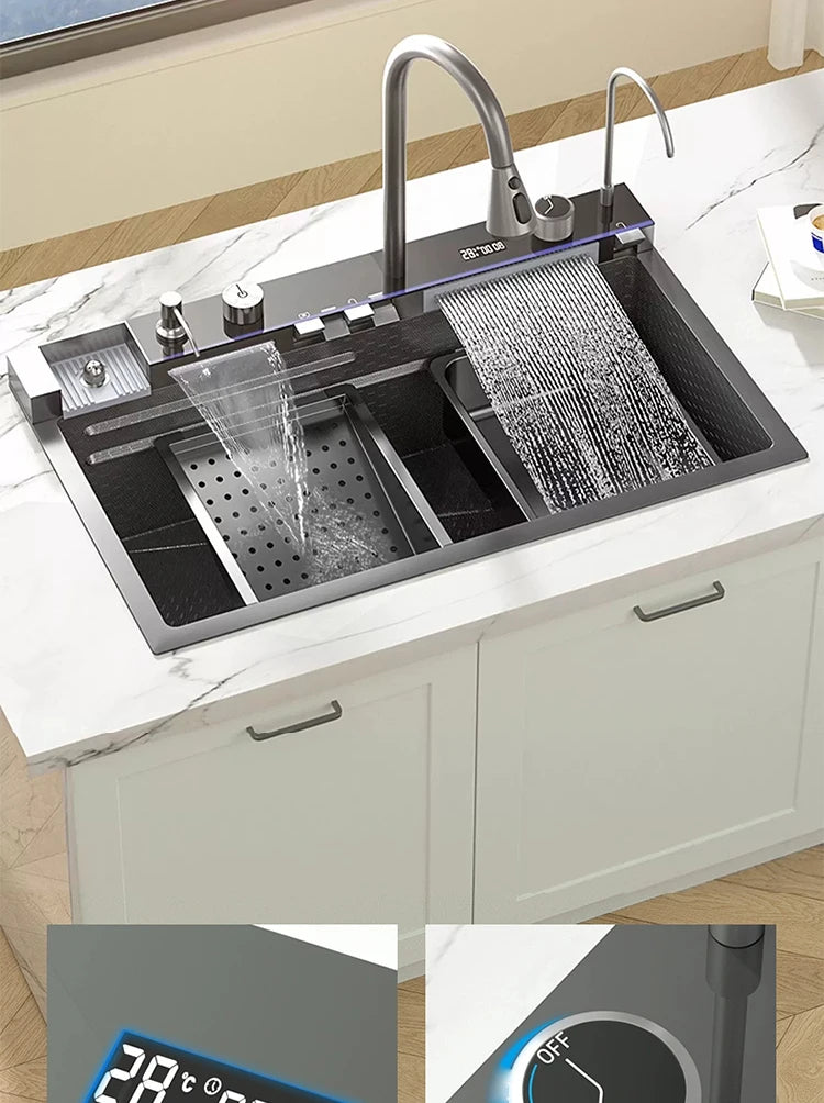 Waterfall Kitchen Sink Stainless Steel Extra Large Single Slot Cup Washer Embossed Digital Display Multifunctional Sinks