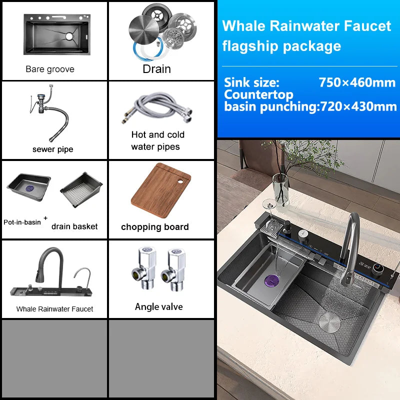 Waterfall Kitchen Sink Stainless Steel Extra Large Single Slot Cup Washer Embossed Digital Display Multifunctional Sinks