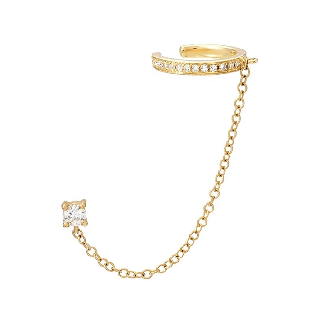Aide 1pc 925 Sterling Silver Shimmering Clear CZ Zircon Ear Cuff With Chain Tassel Stud For Women Gift Cartilage Clip Earrings