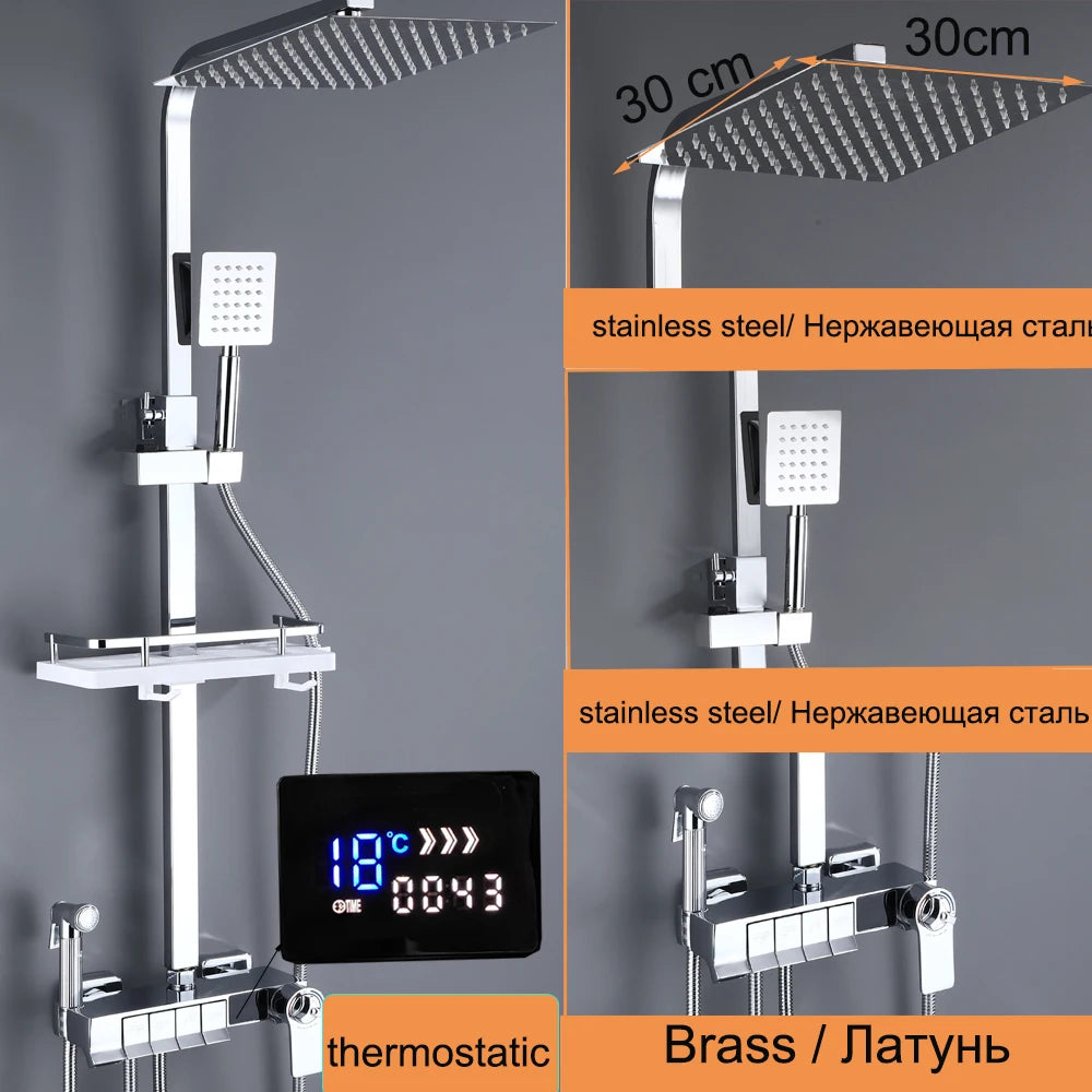 Display Thermostatic Shower Faucet Set Piano Butto Rainfall Bathtub Tap With Bathroom Shelf Water Flow Produces Electricity