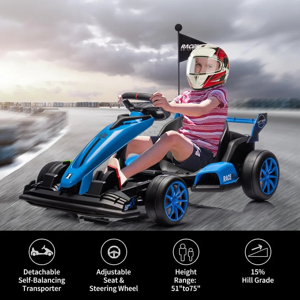 Electric drifting kart with adjustable seats and 24V outdoor riding toy with variable speed mode, suitable for children aged 6+