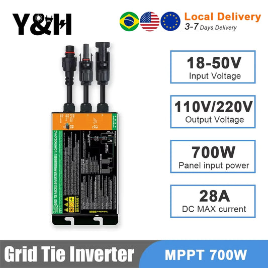 Y&H Grid Tie Inverter 300W 350W 500W 600W 700W MPPT Micro Inverter Solar PV Grid Tie System for Home DC18-50V Output AC110V/240V