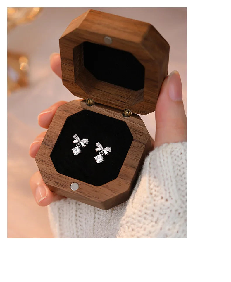 Real 925 Sterling Silver Fashion Romantic Delicate Zircon Bow Stud Earrings For Women Wedding Fine Jewelry
