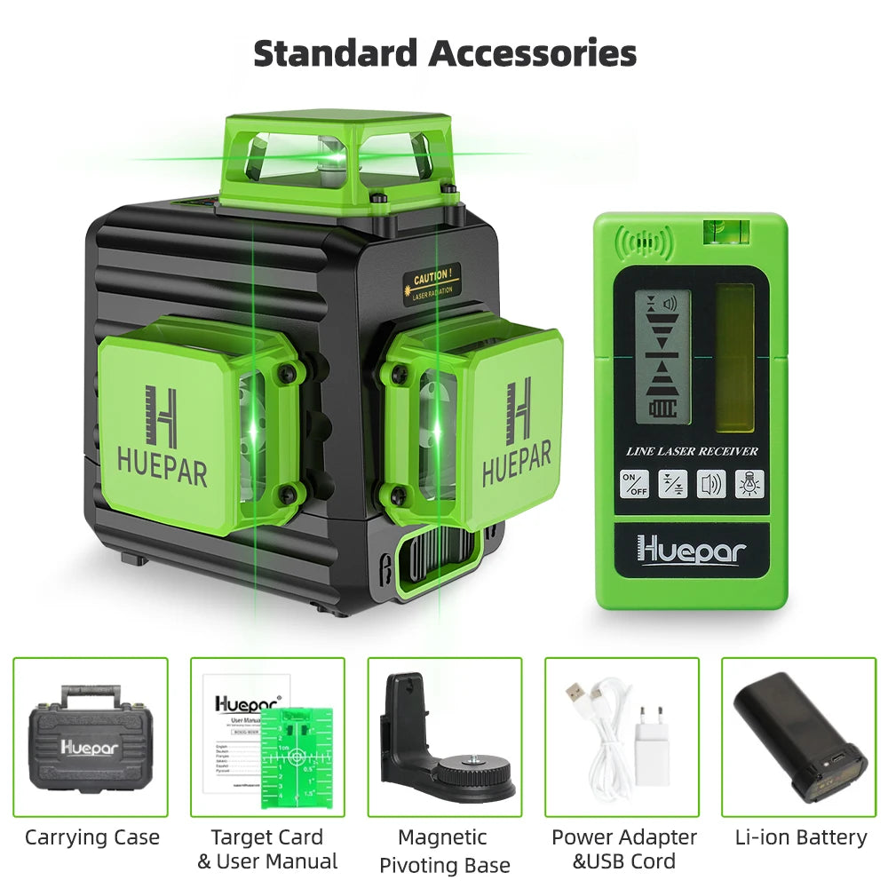 Huepar 12 Lines 3D Green Laser Level Horizontal And Vertical Cross Lines Auto Self-Leveling With Hard Case, Indoors and Outdoors