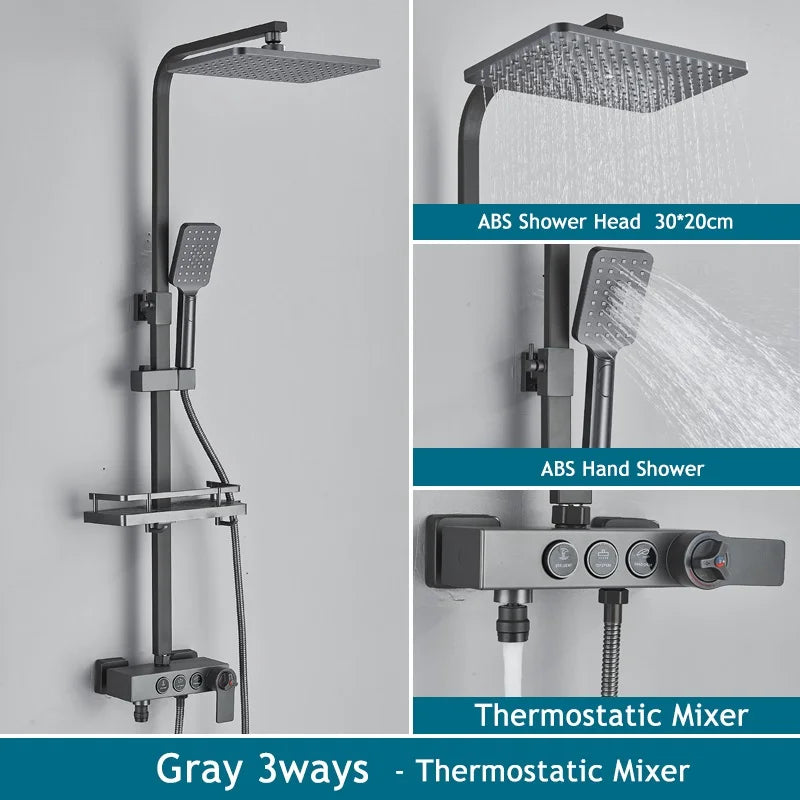Shinesia Thermostatic Shower System Set Digital Display Rainfall Shower Faucet Mixer Bathroom Bathtub Tap With Shelf White/Black
