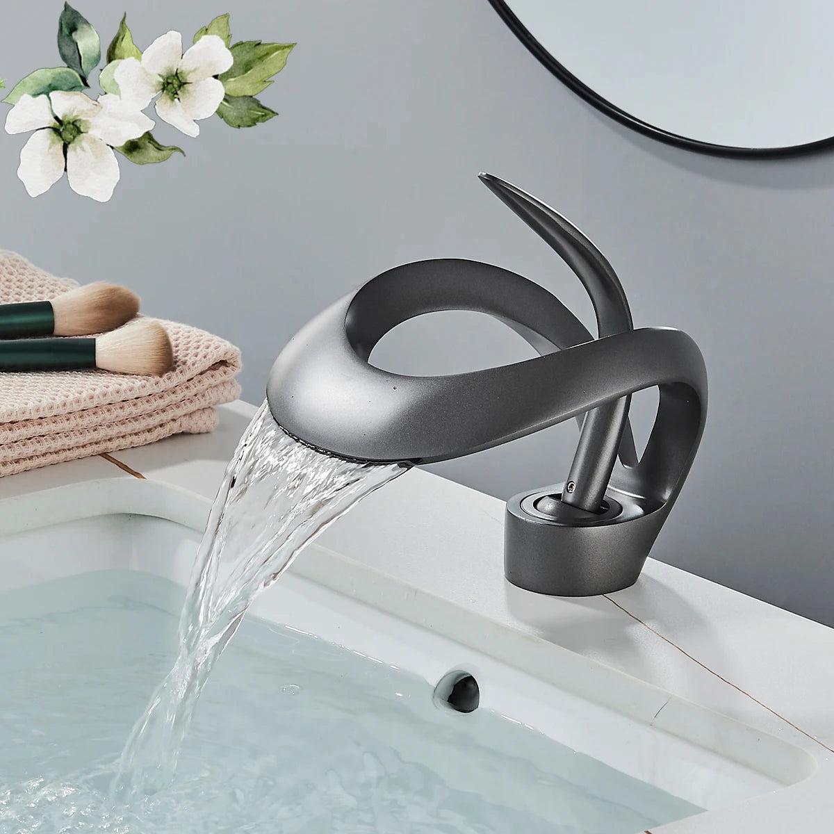 ALL Brass Black Bathroom Basin Faucet Waterfall Hot Cold Water Mixer Tap Deck Mounted Single Handle Modern Style Mixer Crane