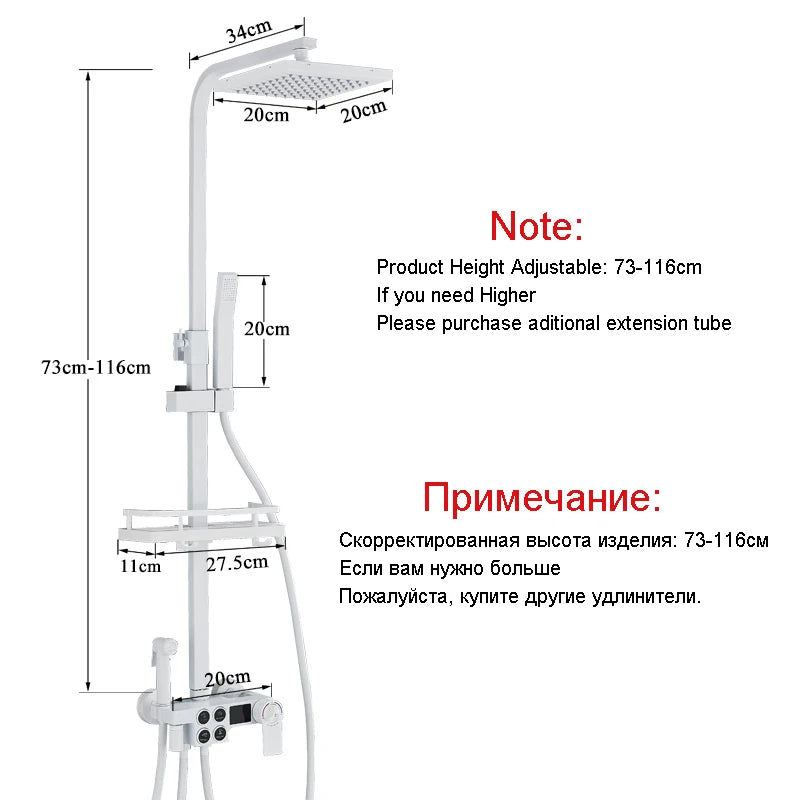 Shinesia Thermostatic Shower System Set Digital Display Rainfall Shower Faucet Mixer Bathroom Bathtub Tap With Shelf White/Black
