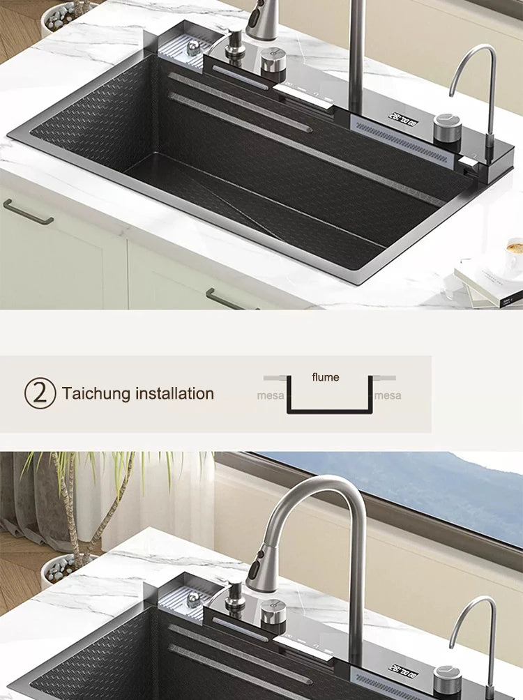Waterfall Kitchen Sink Stainless Steel Extra Large Single Slot Cup Washer Embossed Digital Display Multifunctional Sinks