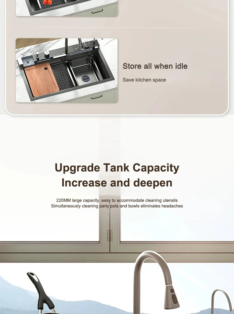 Waterfall Kitchen Sink Stainless Steel Extra Large Single Slot Cup Washer Embossed Digital Display Multifunctional Sinks