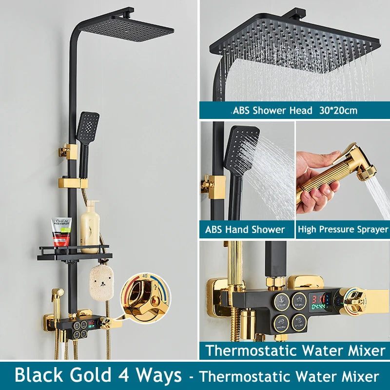 Shinesia Thermostatic Shower System Set Digital Display Rainfall Shower Faucet Mixer Bathroom Bathtub Tap With Shelf White/Black