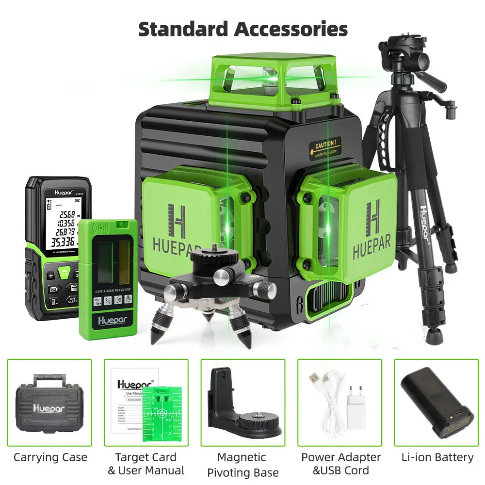 Huepar 12 Lines 3D Green Laser Level Horizontal And Vertical Cross Lines Auto Self-Leveling With Hard Case, Indoors and Outdoors