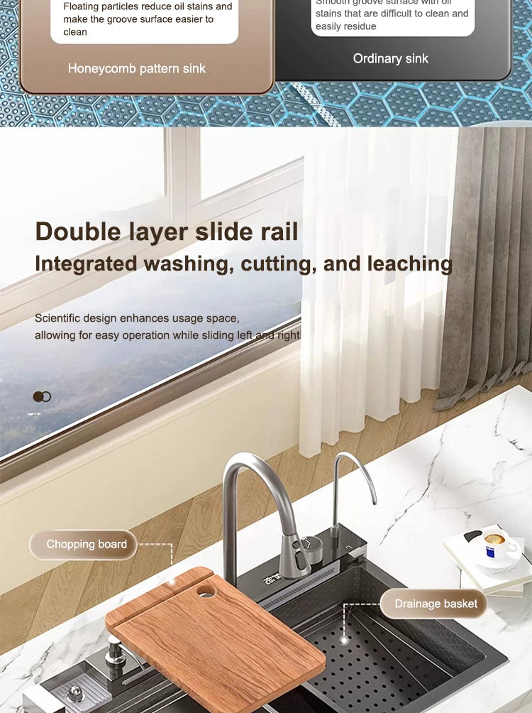 Waterfall Kitchen Sink Stainless Steel Extra Large Single Slot Cup Washer Embossed Digital Display Multifunctional Sinks