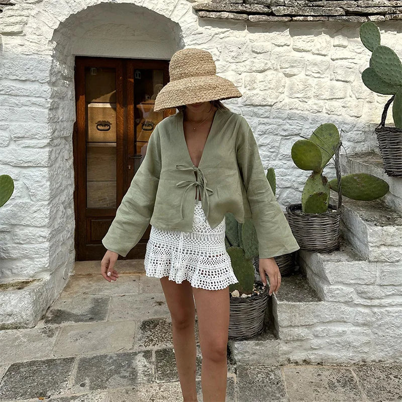 Fashion V-neck Lace-up White Shirt Women Blouses Casual Long-sleeved Loose Tops 2024 Spring Female Chic Office Ladies Outwear