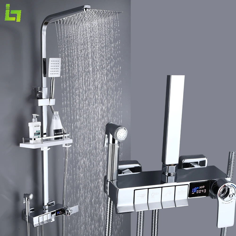 Display Thermostatic Shower Faucet Set Piano Butto Rainfall Bathtub Tap With Bathroom Shelf Water Flow Produces Electricity