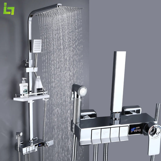 Display Thermostatic Shower Faucet Set Piano Butto Rainfall Bathtub Tap With Bathroom Shelf Water Flow Produces Electricity