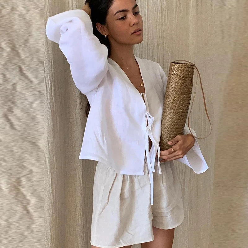 Fashion V-neck Lace-up White Shirt Women Blouses Casual Long-sleeved Loose Tops 2024 Spring Female Chic Office Ladies Outwear