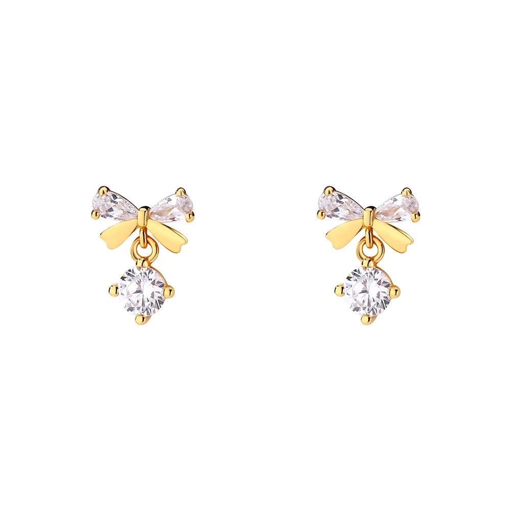 Real 925 Sterling Silver Fashion Romantic Delicate Zircon Bow Stud Earrings For Women Wedding Fine Jewelry