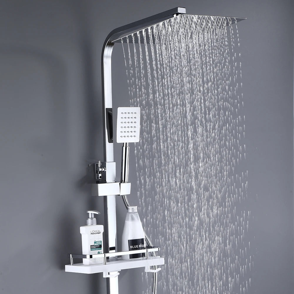 Display Thermostatic Shower Faucet Set Piano Butto Rainfall Bathtub Tap With Bathroom Shelf Water Flow Produces Electricity