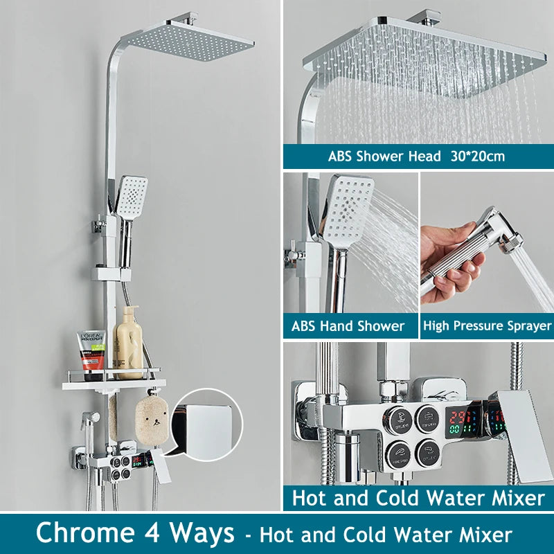 Shinesia Thermostatic Shower System Set Digital Display Rainfall Shower Faucet Mixer Bathroom Bathtub Tap With Shelf White/Black