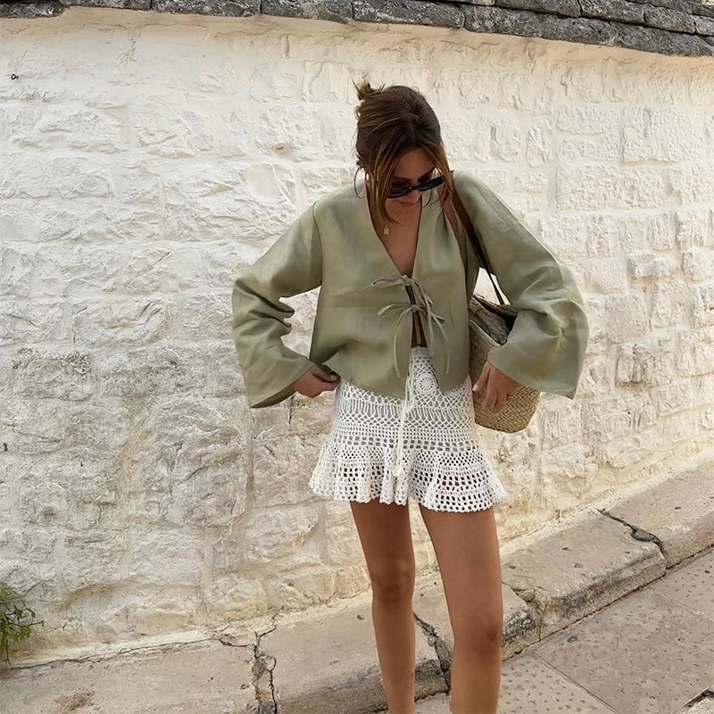 Fashion V-neck Lace-up White Shirt Women Blouses Casual Long-sleeved Loose Tops 2024 Spring Female Chic Office Ladies Outwear