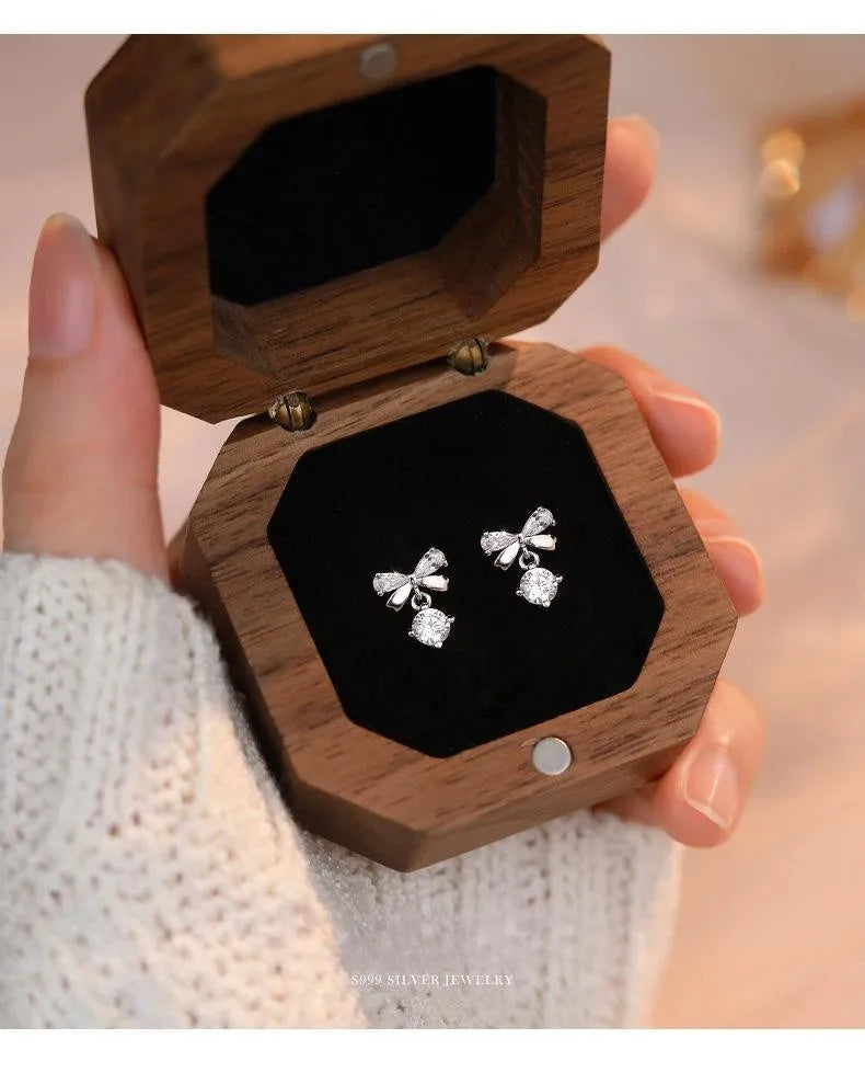 Real 925 Sterling Silver Fashion Romantic Delicate Zircon Bow Stud Earrings For Women Wedding Fine Jewelry