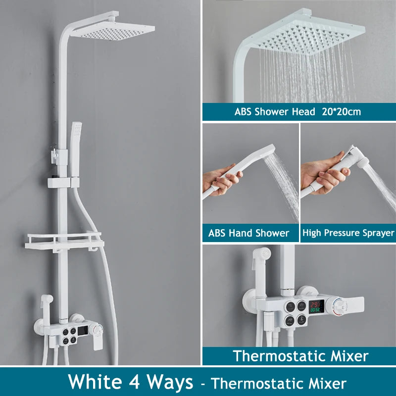 Shinesia Thermostatic Shower System Set Digital Display Rainfall Shower Faucet Mixer Bathroom Bathtub Tap With Shelf White/Black