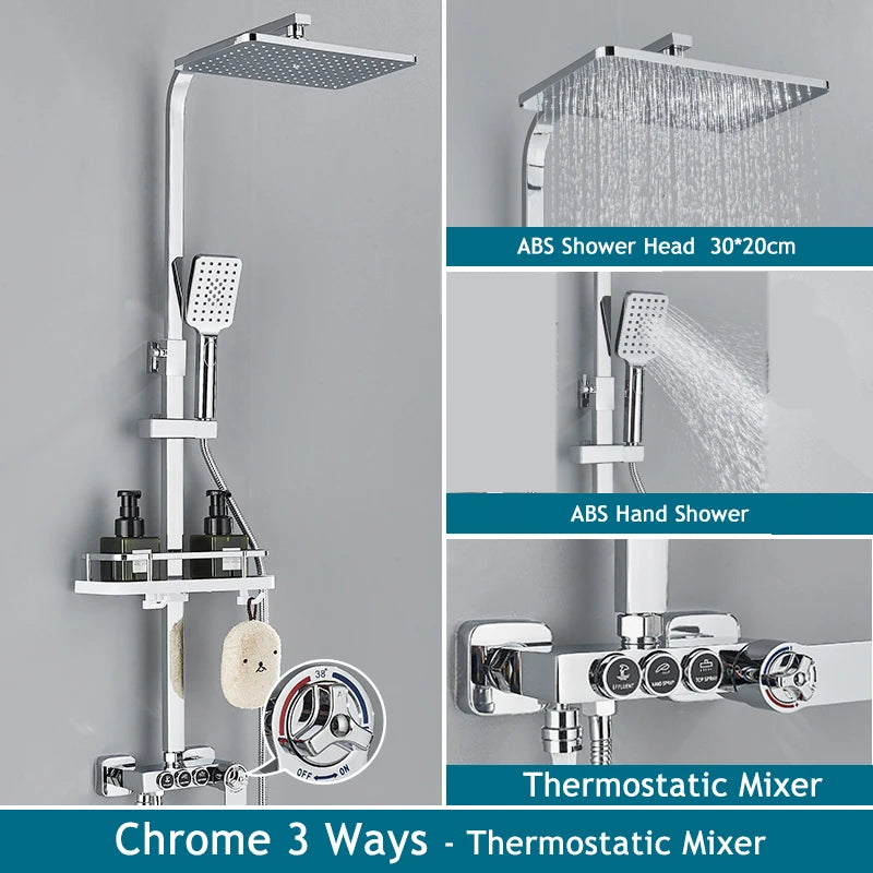 Shinesia Thermostatic Shower System Set Digital Display Rainfall Shower Faucet Mixer Bathroom Bathtub Tap With Shelf White/Black
