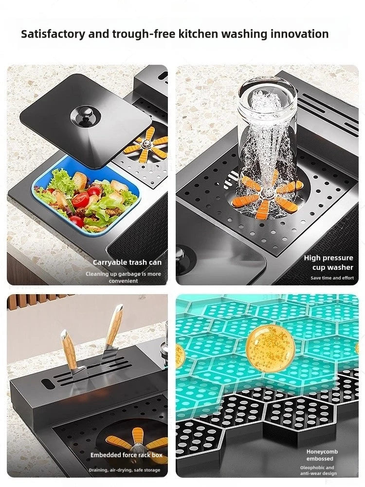 Waterfall Kitchen Sink Stainless Steel Extra Large Single Slot Cup Washer Embossed Digital Display Multifunctional Sinks
