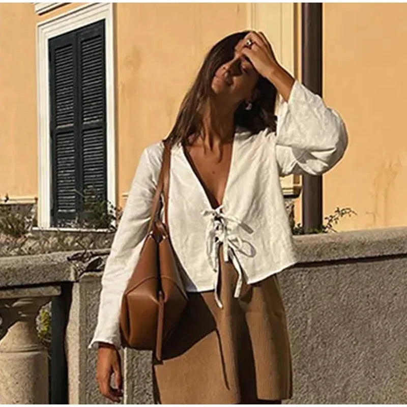 Fashion V-neck Lace-up White Shirt Women Blouses Casual Long-sleeved Loose Tops 2024 Spring Female Chic Office Ladies Outwear