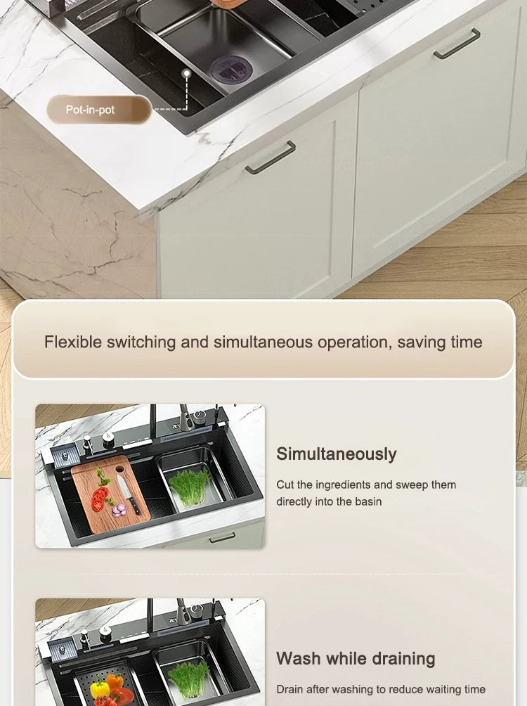 Waterfall Kitchen Sink Stainless Steel Extra Large Single Slot Cup Washer Embossed Digital Display Multifunctional Sinks