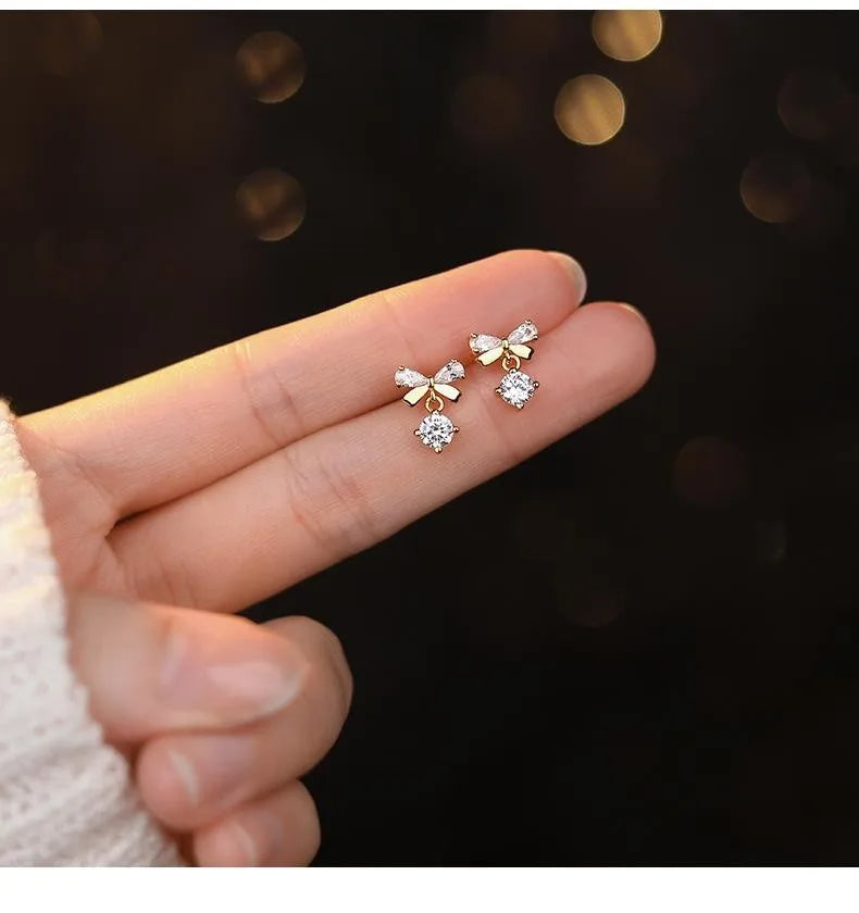 Real 925 Sterling Silver Fashion Romantic Delicate Zircon Bow Stud Earrings For Women Wedding Fine Jewelry