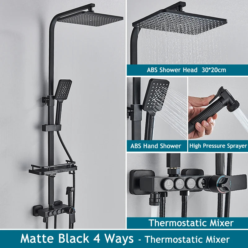 Shinesia Thermostatic Shower System Set Digital Display Rainfall Shower Faucet Mixer Bathroom Bathtub Tap With Shelf White/Black