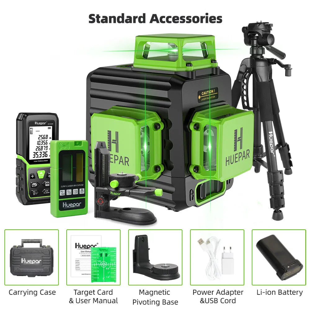 Huepar 12 Lines 3D Green Laser Level Horizontal And Vertical Cross Lines Auto Self-Leveling With Hard Case, Indoors and Outdoors