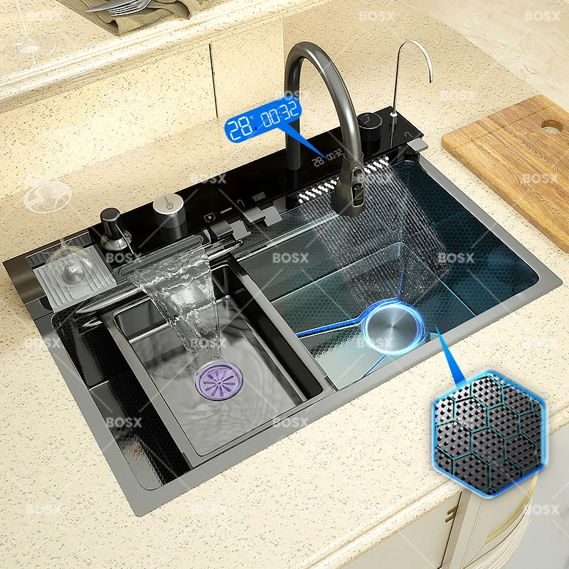 Waterfall Kitchen Sink Stainless Steel Extra Large Single Slot Cup Washer Embossed Digital Display Multifunctional Sinks
