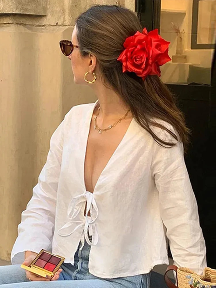 Fashion V-neck Lace-up White Shirt Women Blouses Casual Long-sleeved Loose Tops 2024 Spring Female Chic Office Ladies Outwear