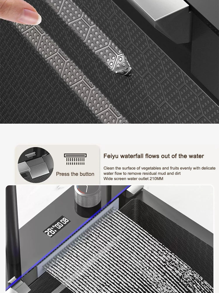 Waterfall Kitchen Sink Stainless Steel Extra Large Single Slot Cup Washer Embossed Digital Display Multifunctional Sinks