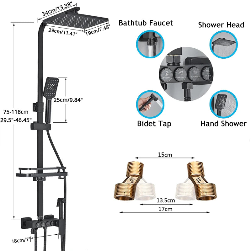 Shinesia Thermostatic Shower System Set Digital Display Rainfall Shower Faucet Mixer Bathroom Bathtub Tap With Shelf White/Black