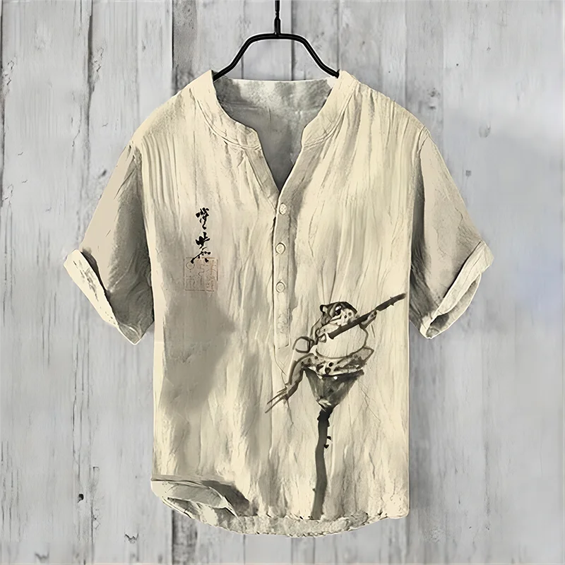 Henry Shirt Retro Fashion Trend Button Cardigan Shirt Men's Summer V-Neck Shirt 3D Printed Men's Short Sleeve Top