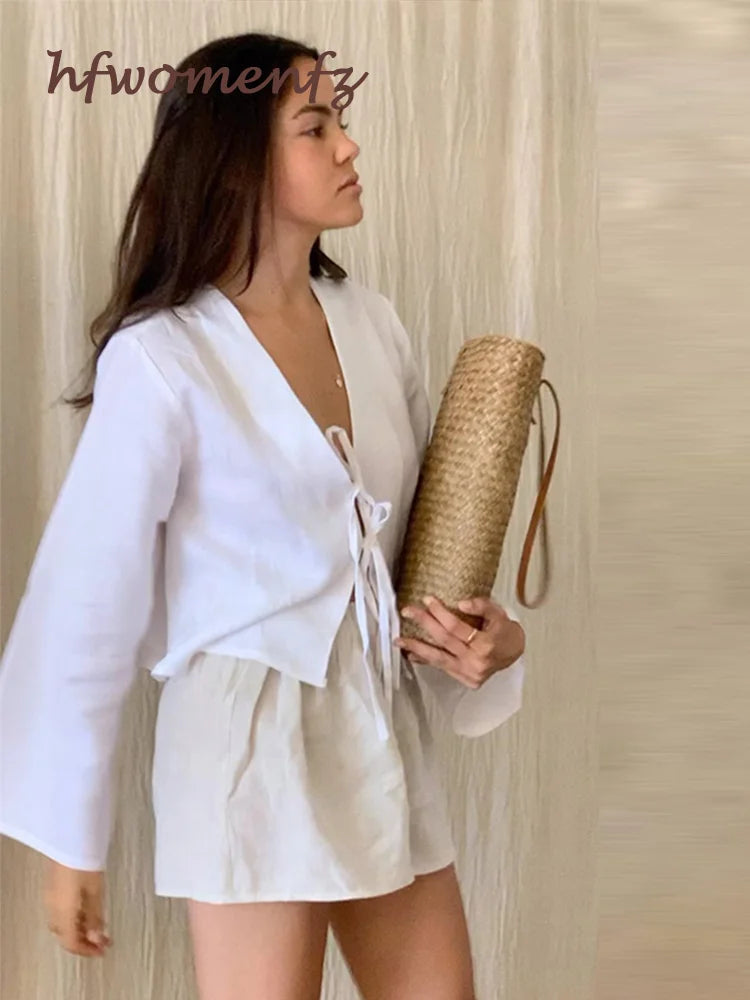 Fashion V-neck Lace-up White Shirt Women Blouses Casual Long-sleeved Loose Tops 2024 Spring Female Chic Office Ladies Outwear
