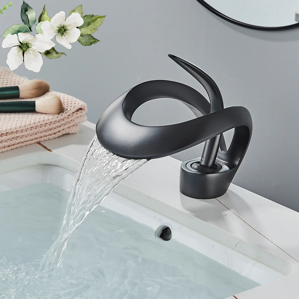 ALL Brass Black Bathroom Basin Faucet Waterfall Hot Cold Water Mixer Tap Deck Mounted Single Handle Modern Style Mixer Crane