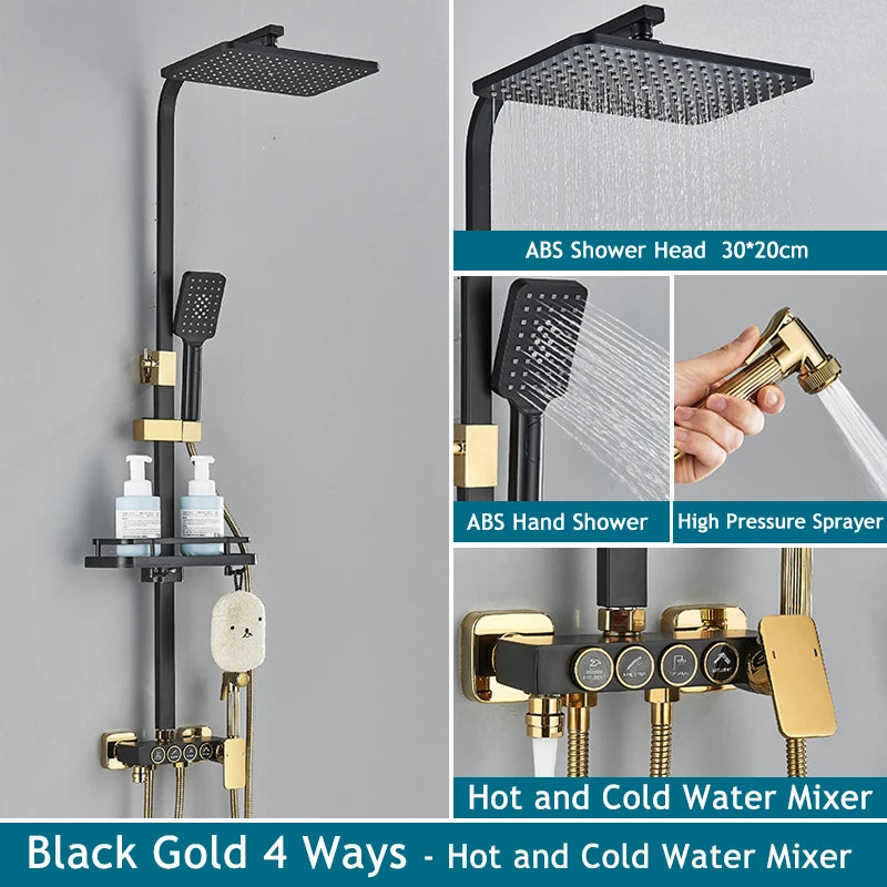 Shinesia Thermostatic Shower System Set Digital Display Rainfall Shower Faucet Mixer Bathroom Bathtub Tap With Shelf White/Black