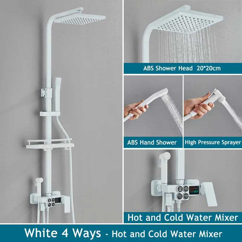 Shinesia Thermostatic Shower System Set Digital Display Rainfall Shower Faucet Mixer Bathroom Bathtub Tap With Shelf White/Black